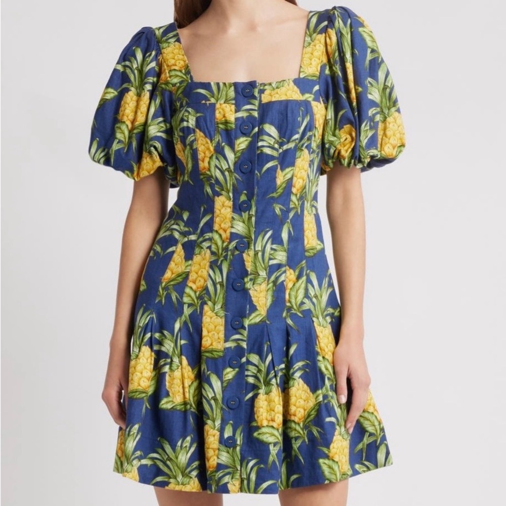 Farm Rio Linen Blend Blue Navy Pineapple Puff Sleeve Sustainable Dress M NWT